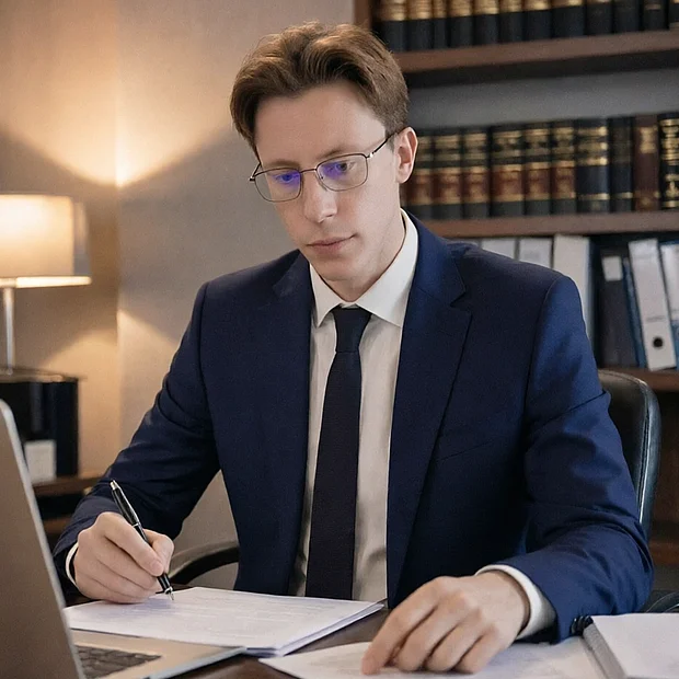 Адвокат Лебин Василий Витальевич в рабочем кабинете за изучением материалов дела в Москве